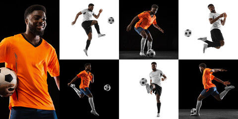 Collage with dynamic portraits of male professional soccer players in motion over black and white...