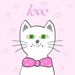 Draw vector illustration white cat with pink background and word love for valentine day. Doodle cartoon style