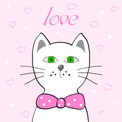 Draw vector illustration white cat with pink background and word love for valentine day. Doodle cartoon style