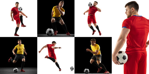 Collage with dynamic portraits of male professional soccer players in motion over black and white background. Sport, championship, energy, team sports