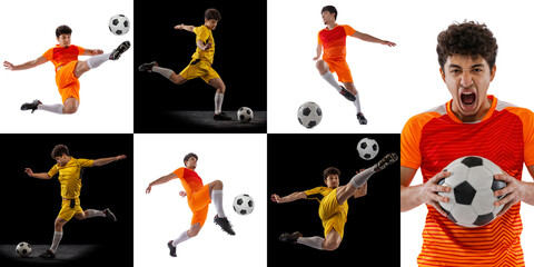 Collage with dynamic portraits of male professional soccer players in motion over black and white background. Sport, championship, energy, team sports © master1305