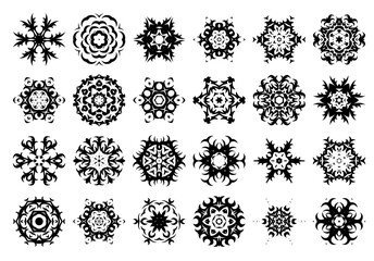 Set of snowflakes for Christmas eve holidays ornament. Xmas greeting elements collection. Artistic filigree snowflake group wor winter holiday prints.