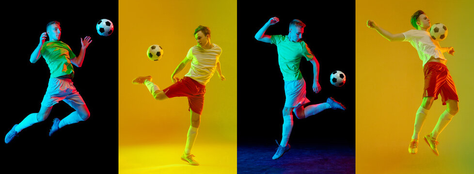 Collage with dynamic portraits of professional male soccer players in motion over colorful background in neon light. Sport, championship, football team game.