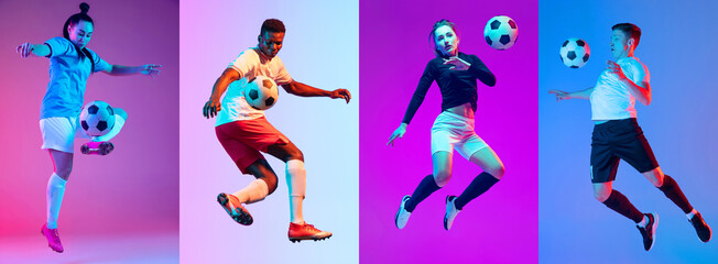 Collage with dynamic portraits of male and female professional soccer players in motion over...