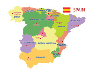 Vector Map of Spain. Colorful political Spain map with regions and main cities, oceans, seas and islands