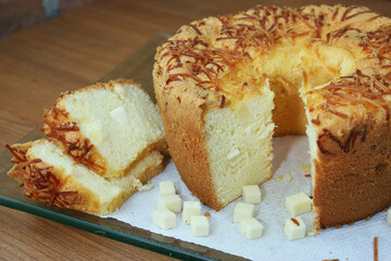 
sponge cake or chiffon cake topped with savory grated cheese, and boxed cheese filling
the right dish for your beloved family