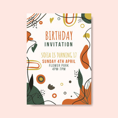Birthday invitation template with hand drawn flat abstract shapes premium vector