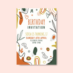 Birthday invitation template with hand drawn flat abstract shapes premium vector
