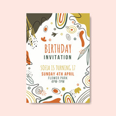 Birthday invitation template with hand drawn flat abstract shapes premium vector