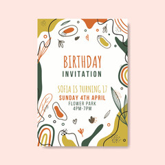 Birthday invitation template with hand drawn flat abstract shapes premium vector