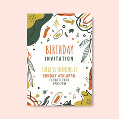 Birthday invitation template with hand drawn flat abstract shapes premium vector
