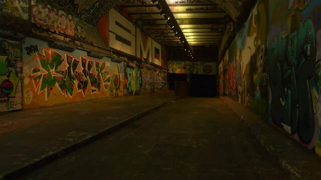 Graffiti Tunnel Empty Arched Travelling Artwork Walls Nighttime Evening