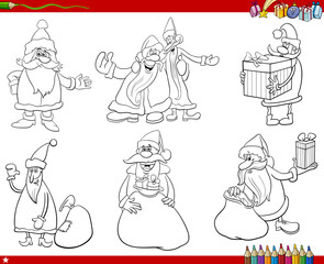 cartoon Santa Clauses characters set coloring page