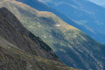 Naklejka premium Alpine scene. Ice and snow high in the Alps. Walking the Peiljoch (2676m) Trail. Hiking in Stubaital Valley. Photo’s of Stubaital Austria, Mieders, Neustift, Milders, Schonberg, Mutterberg, Volderau.