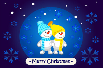 Fototapeta na wymiar Merry Christmas, merry snowmen. Landscape. Greeting card. Blue background.