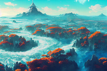 Mountain and sea nature background in ghilbli style