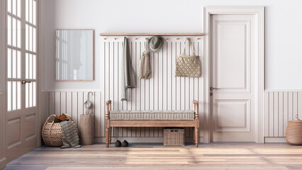 Nordic farmhouse hallway in white and bleached tones. Wooden bench and coat rack. Glass, wallpaper and entrance door, scandinavian interior design