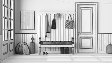 Blueprint unfinished project draft, nordic farmhouse hallway. Wooden bench and coat rack. Glass, wallpaper and entrance door, scandinavian interior design