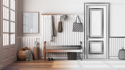 Architect interior designer concept: hand-drawn draft unfinished project that becomes real, nordic farmhouse hallway. Wooden bench and coat rack. Scandinavian style