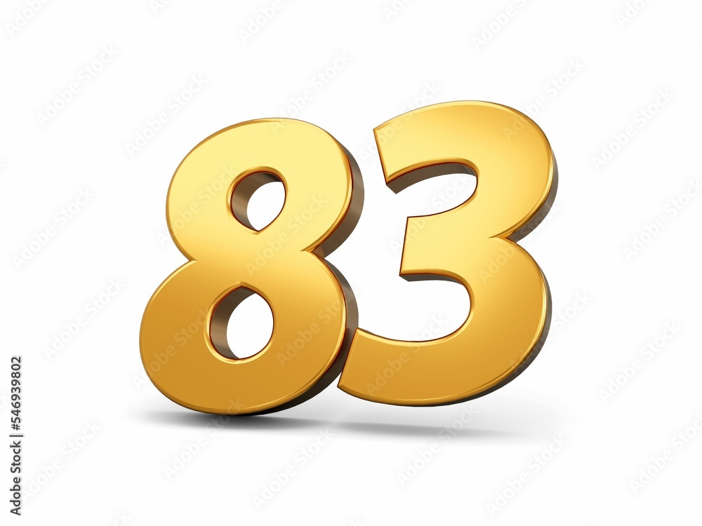 Sticker 3d illustration of Gold number 83 Eighty-three isolated white background, made of gold