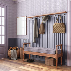 Scandinavian hallway in white and purple tones with frame mockup. Wooden bench and coat rack....
