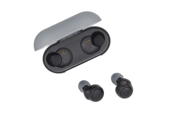 Wireless bluetooth headset with two buds. Image of wireless headphones with open box cover. black wireless headphones on a white background.