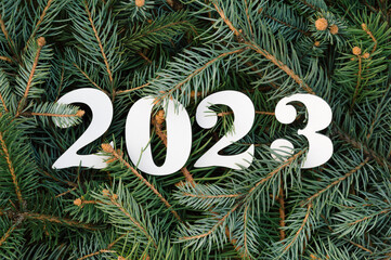 Merry Christmas and Happy New Year Christmas branches with numbers 2023. Holiday nature background.