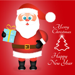 Cheerful Santa Claus with gifts greets and wishes Merry Christmas and Happy New Year 2023