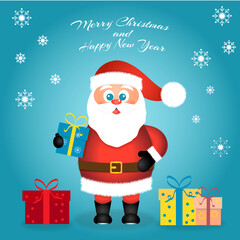 Cheerful Santa Claus with gifts greets and wishes Merry Christmas and Happy New Year 2023