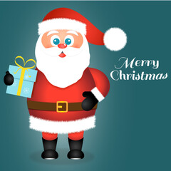 Cheerful Santa Claus with gifts greets and wishes Merry Christmas and Happy New Year 2023
