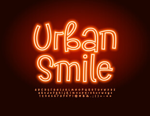 Vector trendy poster Urban Smile. Neon funky Font. Handwritten Alphabet Letters, Numbers and Symbols set