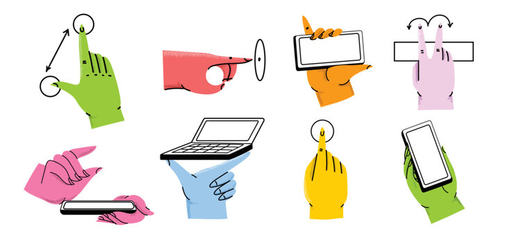 Hands holding smartphone. Vector icon of people hold smartphone or using touch gestures for mobile phone while reading. Press and point, pich and unpinch, rotate and swipe symbol.