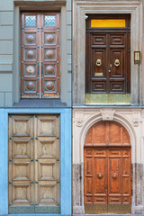 four wooden doors with a beautiful paneled finish in the historical part of different cities of the world