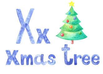 Aquarelle letter X for written word "X-mas tree", pictured book, card for education.Watercolor hand drawn illustrated painted kids alphabet of english language.Isolated