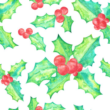 Seamless watercolor pattern background with hand drawn holly leaf and red berries. Holly branches isolated on white. Christmas, X-mas, New year design element for print wrapper, cards