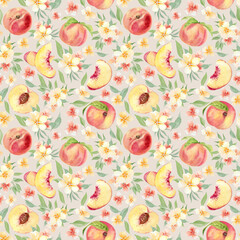 Watercolor fruit seamless pattern with flowers and peaches