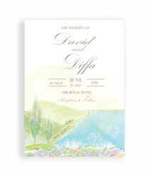 wedding invitation with scenery theme and watercolor elements