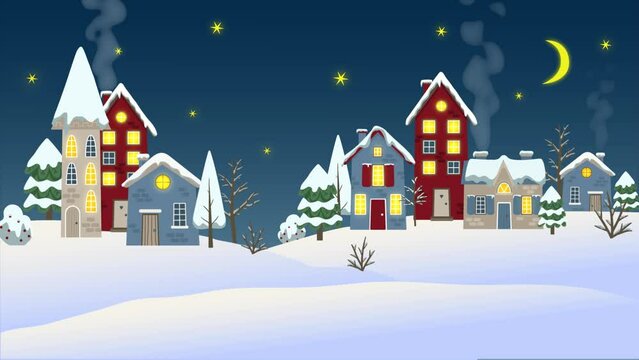 2d flat animation of winter background with houses and trees.  Transparent transition at the start.
