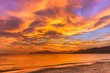 Fototapeta na wymiar Scenic view of sunset on one of the most beautiful beach in Cote d'Azur France