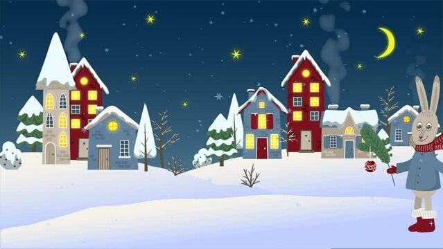 2d flat animation of Christmas winter background with hare or rabbit with new year tree.  Transparent transition at the start.