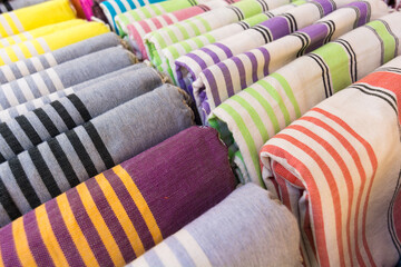 Close-up view of colored fabrics