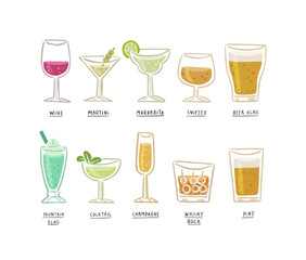 variation of drink glasses with beverage