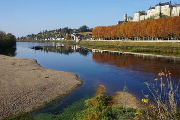 Obraz premium perfect mirror reflection of the town and old stone castle of chinon france in the river with the colorful foliage of the trees