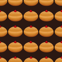 Hanukkah donuts pattern. Jewish trditional Hanukkah sweets background. Doughnuts print. Syfganiyot donuts isolated on blue backdrop. Happy Hanukkah food texture, fabric, textile tasty texture. 