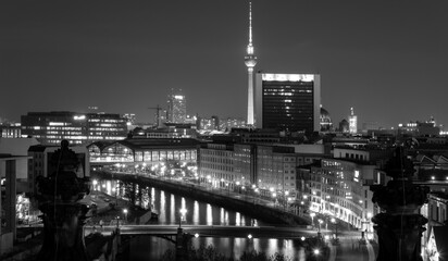 Berlin panorama at night seen from the roof of the Reichstag building. TV-Tower, River Spree slope,...