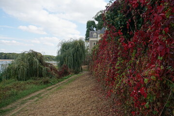path along the Loire river with colorful foliage near a small estate in France