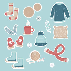 Collection of stickers of winter elements. Hygge style. Vector