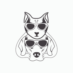 dog and cat with sunglass outline vector