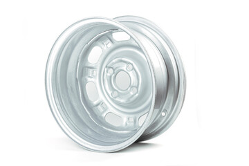 on a white background. a metal disc of a car without a tire. close-up.