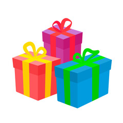 Gift boxes, presents with ribbon isolated on white. Vector colorful wrapped in flat style. Concept for Birthday, Christmas, Sale, shopping.